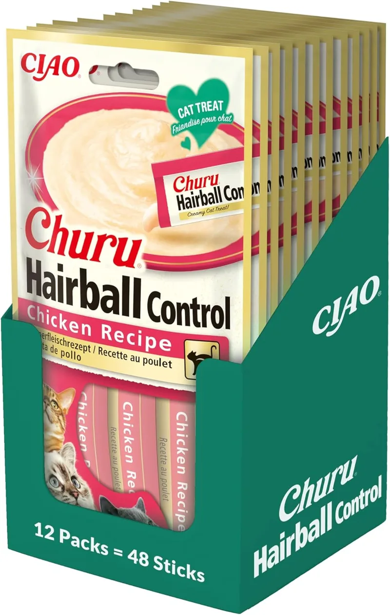 INABA ▫️ Churu Hairball Snack para gatos para prevenir as bolas de pelo - Sabor a galinha, 12 pacotes (48 barras x 14 g) - Alimento para gatos com Ómega 3 e 6, taurina e vitamina E para prevenir as bolas de pelo.