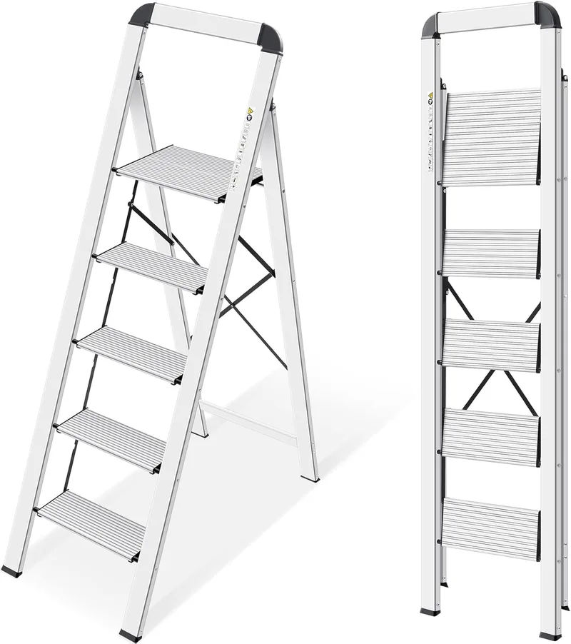 KINGRACK ▫️ Escada dobrável de alumínio de 5 degraus, escada doméstica estreita com corrimão, mecanismo anti-dobra, casa cozinha despensa escritório, economiza espaço e é portátil, prata