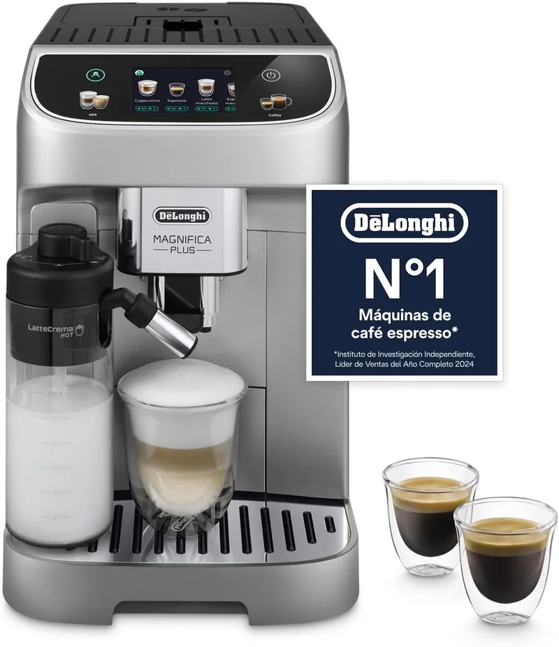 De'Longhi Magnifica Plus - Cafeteira superautomática Perfetto, jarro de leite automático LatteCrema, 18 bebidas com um só toque, ecrã tátil a cores, prata e preto (ECAM322.70.SB)