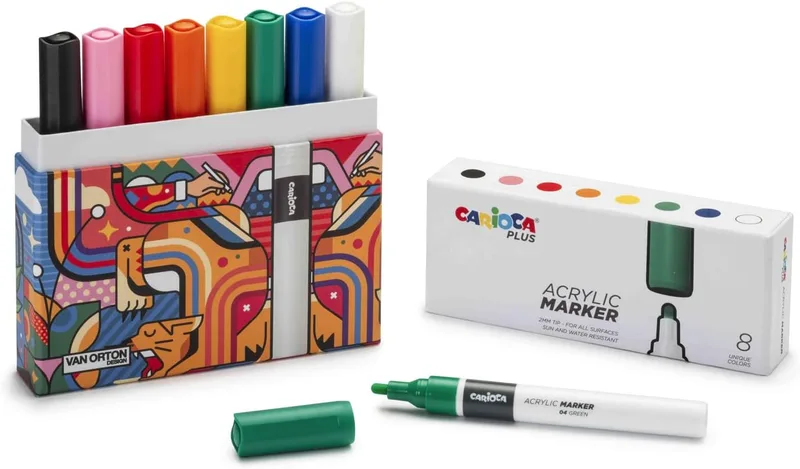 CARIOCA ▫️ Plus Caneta Marcador Acrílico : Caixa Premium de 8 Marcadores Acrílicos para Vários Tipos de Superfícies : À Base de Água : 8 peças