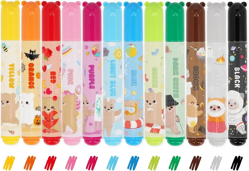 Legami ▫️ Conjunto de 12 canetas de cor - Teddy Friends, 12 cores sortidas, laváveis e não tóxicas, ponta anti-retorno, traços finos e largos, para meninos e meninas, embalagem reutilizável