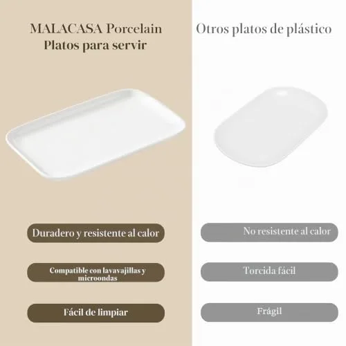 MALACASA ▫️ Conjunto de 4 pratos de servir grandes em porcelana para receções, pratos retangulares brancos de 12 polegadas para festas, casamentos, sobremesas, laváveis na máquina de lavar louça e adequados para o micro-ondas 2