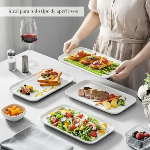 MALACASA ▫️ Conjunto de 4 pratos de servir grandes em porcelana para receções, pratos retangulares brancos de 12 polegadas para festas, casamentos, sobremesas, laváveis na máquina de lavar louça e adequados para o micro-ondas 3