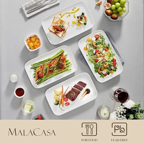 MALACASA ▫️ Conjunto de 4 pratos de servir grandes em porcelana para receções, pratos retangulares brancos de 12 polegadas para festas, casamentos, sobremesas, laváveis na máquina de lavar louça e adequados para o micro-ondas 5