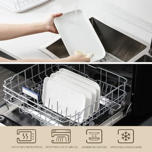 MALACASA ▫️ Conjunto de 4 pratos de servir grandes em porcelana para receções, pratos retangulares brancos de 12 polegadas para festas, casamentos, sobremesas, laváveis na máquina de lavar louça e adequados para o micro-ondas 6
