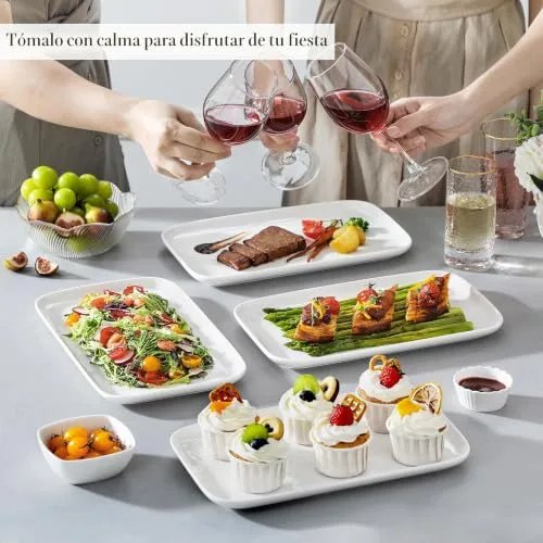 MALACASA ▫️ Conjunto de 4 pratos de servir grandes em porcelana para receções, pratos retangulares brancos de 12 polegadas para festas, casamentos, sobremesas, laváveis na máquina de lavar louça e adequados para o micro-ondas 7