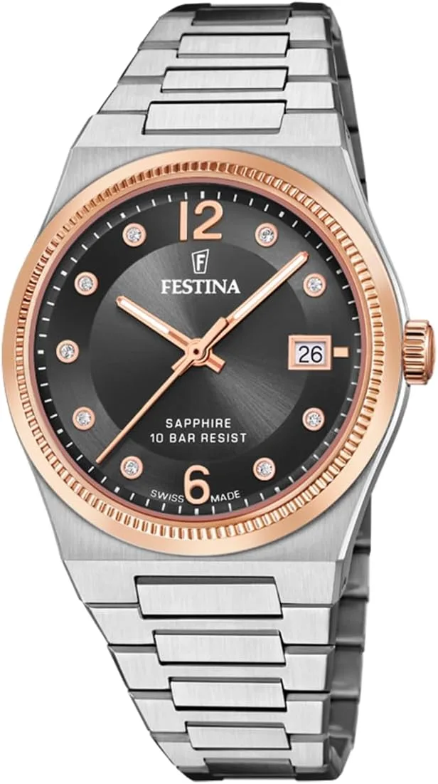 Festina ▫️ Relógio analógico Swiss Made para senhora em aço inoxidável 316 com banho de prata - Movimento de quartzo - Cristal de safira de alta resistência - Resistente à água até 10 ATM - Calendário F20037/3