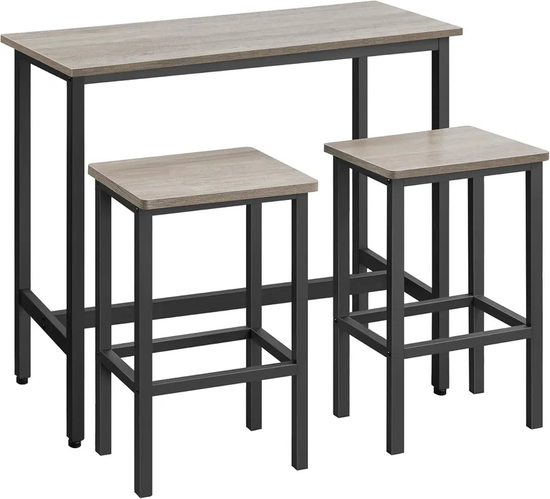 VASAGLE ▫️ Conjunto de mesa e banco de bar mesa de pequeno-almoço com 2 bancos, estrutura de aço, industrial, cinzento melange e preto LBT218B02