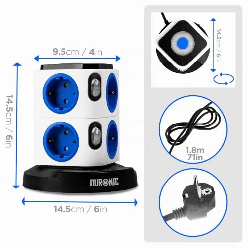 Duronic ▫️ ET8L: Extensão com 8 tomadas, 3 portas USB e luz noturna tátil 2