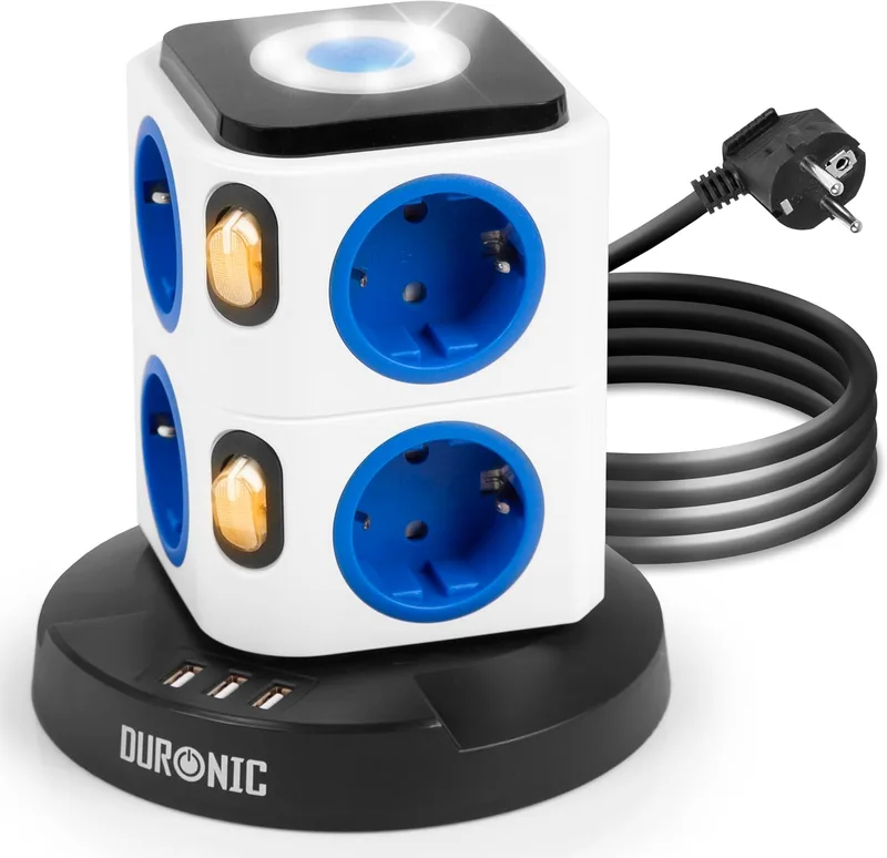 Duronic ▫️ ET8L: Extensão com 8 tomadas, 3 portas USB e luz noturna tátil