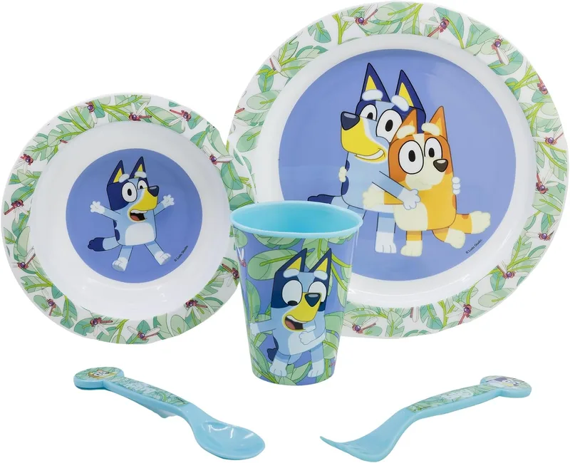 Stor ▫️ CONJUNTO DE 5 PEÇAS (PRATO, TIGELA, COPO E TALHERES) NA CAIXA BLUEY