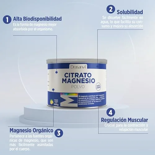 Drasanvi ▫️ CITRATO DE MAGNÉSIO EM PÓ | Para o cansaço e a fadiga | Citrato de magnésio em pó | Articulações fortes | Sabor a limão | 200 g = 125 dias | Citrato de magnésio 3