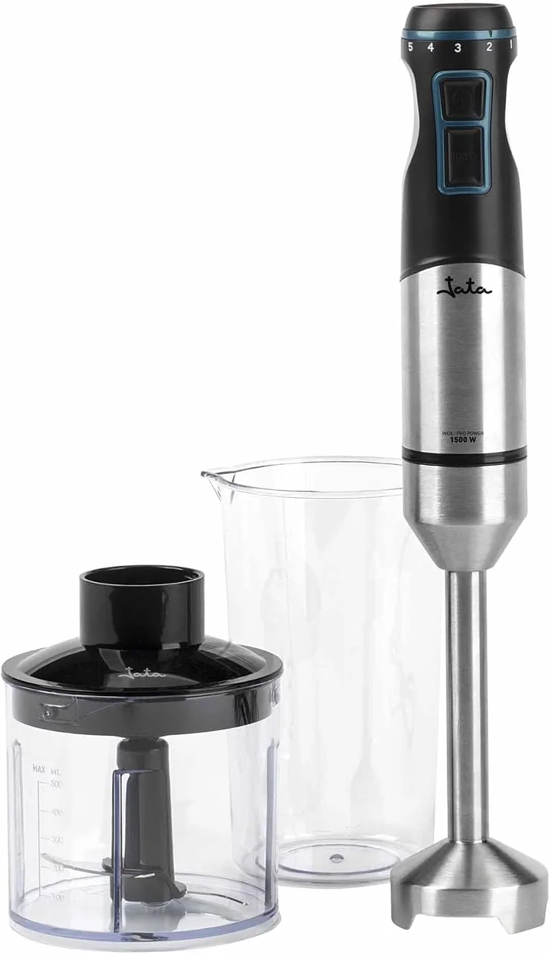Jata ▫️ JEBT1791 - Batedeira de mão potente de 1500 W, batedeira de braço em aço inoxidável com picador, copo medidor com tampa, 4 lâminas de aço inoxidável, regulador eletrónico e 15 000 RPM