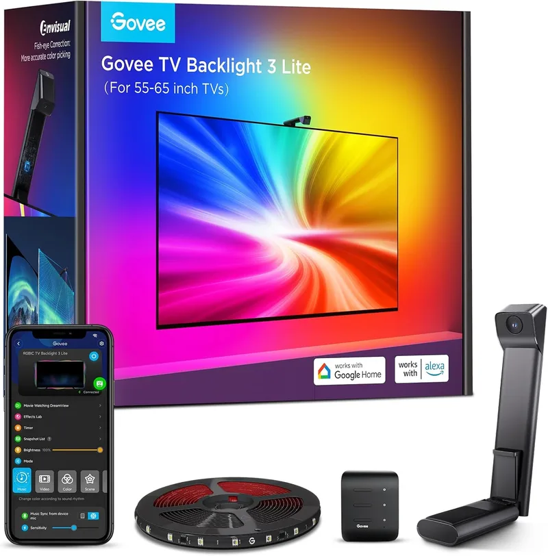 Govee ▫️ TV Backlight 3 Lite com correção de distorção de lente «olho de peixe», 3,6 m para televisores de 55 a 65 polegadas, retroiluminação LED RGBICW 4 em 1, Wi-Fi, compatível com Alexa e controlo através da aplicação
