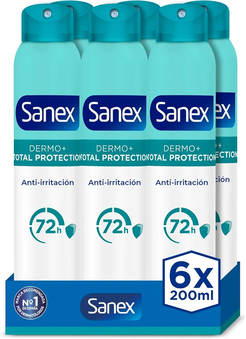 Sanex ▫️ Total Protection Desodorizante Spray, Embalagem 6 x 200ml, Proteção 5 em 1 contra o Suor, Odor, Bactérias, Irritação e Manchas, Desodorizante Antitranspirante