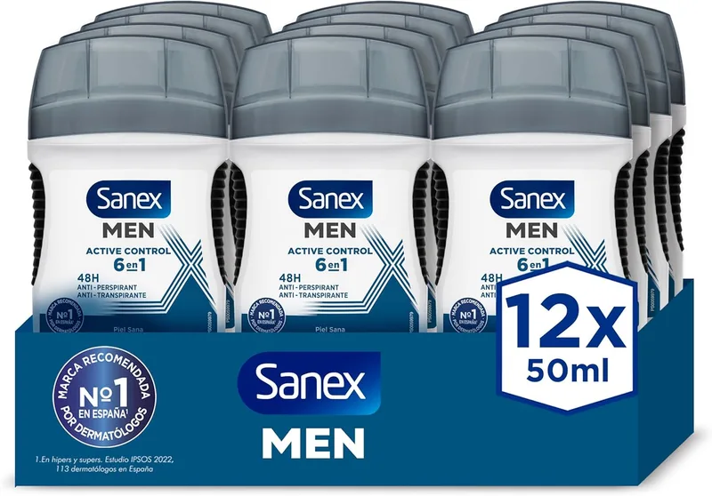 Sanex ▫️ Men Active Control Desodorizante em Stick 50 ml x 12, 48 horas de proteção contra o suor, anti-odor, efeito seco de longa duração, frescura, suave para a pele, antibacteriano, 0% de álcool*