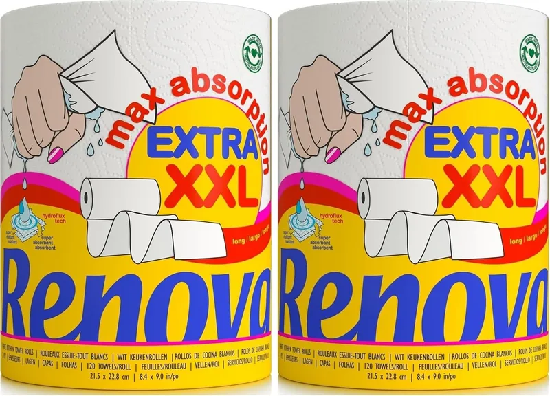 RENOVA ▫️ Maxiabsorption, Rolos de papel de cozinha XXL, Triplo, Branco - 1 rolo (embalagem de 2)