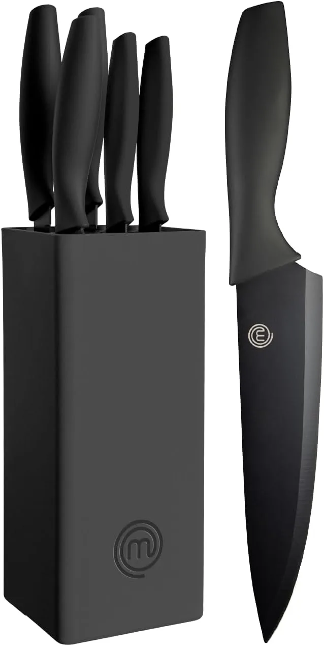 Chef Master ▫️ Conjunto de facas de cozinha MasterChef com suporte universal «Taco», incluindo faca para pão, faca para cebola, faca de chef, faca para carne e faca para descascar, em aço inoxidável, 5 peças, preto, Stainless Steel, preto, toque suave
