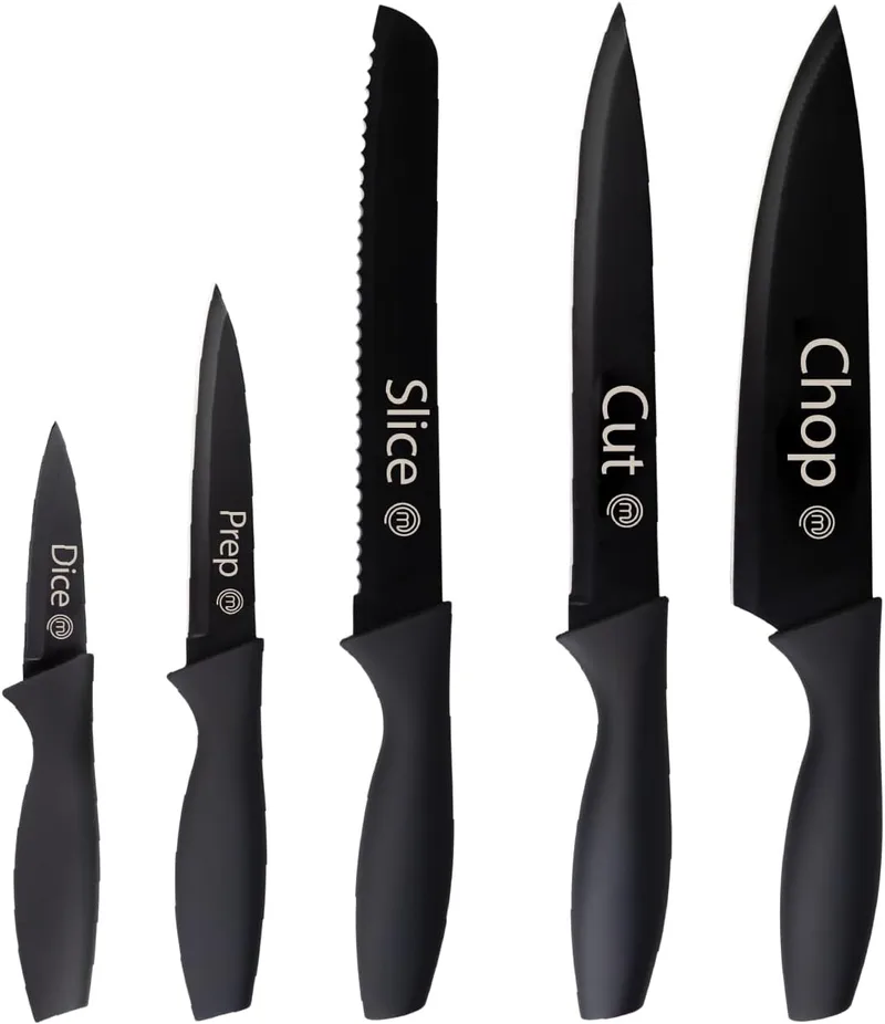 MasterChef ▫️ Facas de Cozinha, Conjunto de Facas de Chef (Carne, Serra para Pão, Legumes e Peixe), Coleção em Aço Inoxidável com Cabos Suaves ao Toque, Multifuncional, 5 Peças, Preto, Legendas