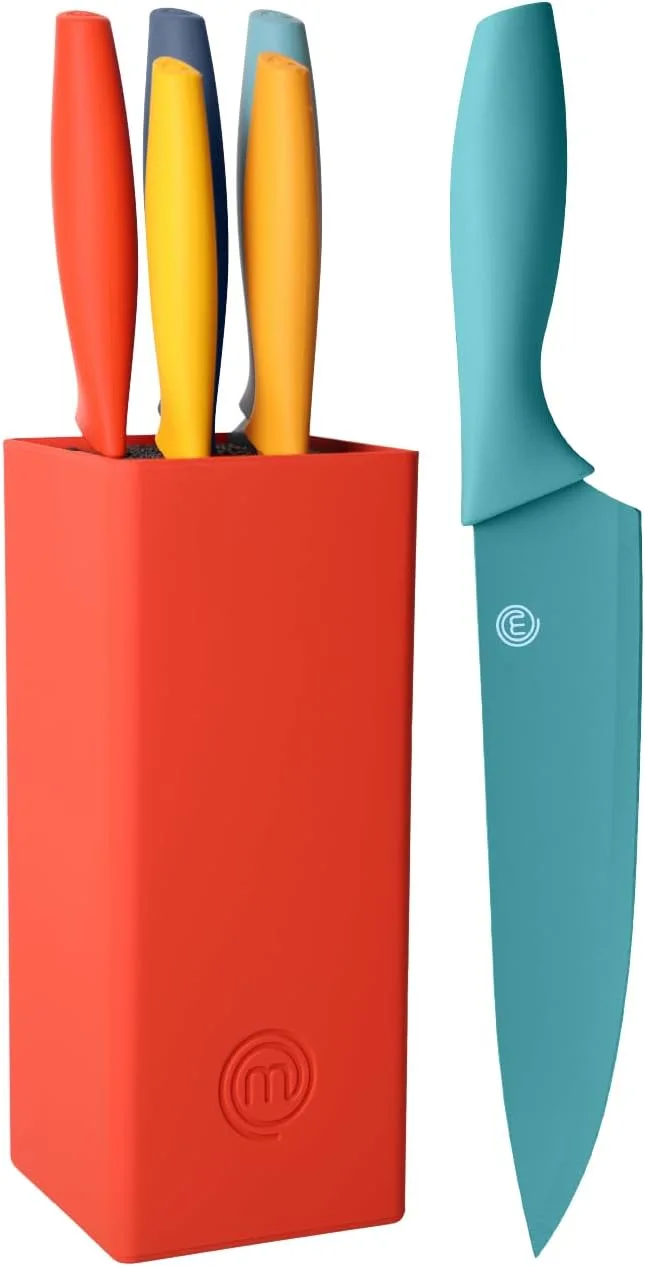 MasterChef ▫️ Conjunto de Facas de Cozinha com Suporte Universal para Facas de Taco com Conjunto para Pão, Cebola, Chefe, Carne e Descascar, Aço Inoxidável, 5 Peças, Preto, Aço Inoxidável, Multicolorido, Toque Suave, 5 Peças.