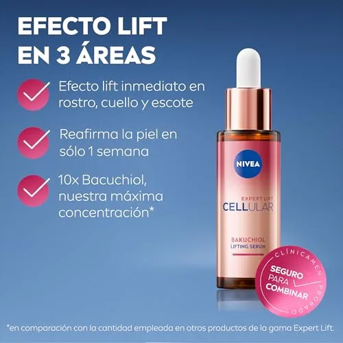 NIVEA ▫️ Cellular Expert Lift - Sérum Lift 3 Áreas - Sérum antienvelhecimento - 10 vezes mais Bakuchiol puro altamente concentrado - Antirrugas para rosto, pescoço e decote - Reafirmante - Para todos os tipos de pele, incluindo a pele madura - 30 ml 2