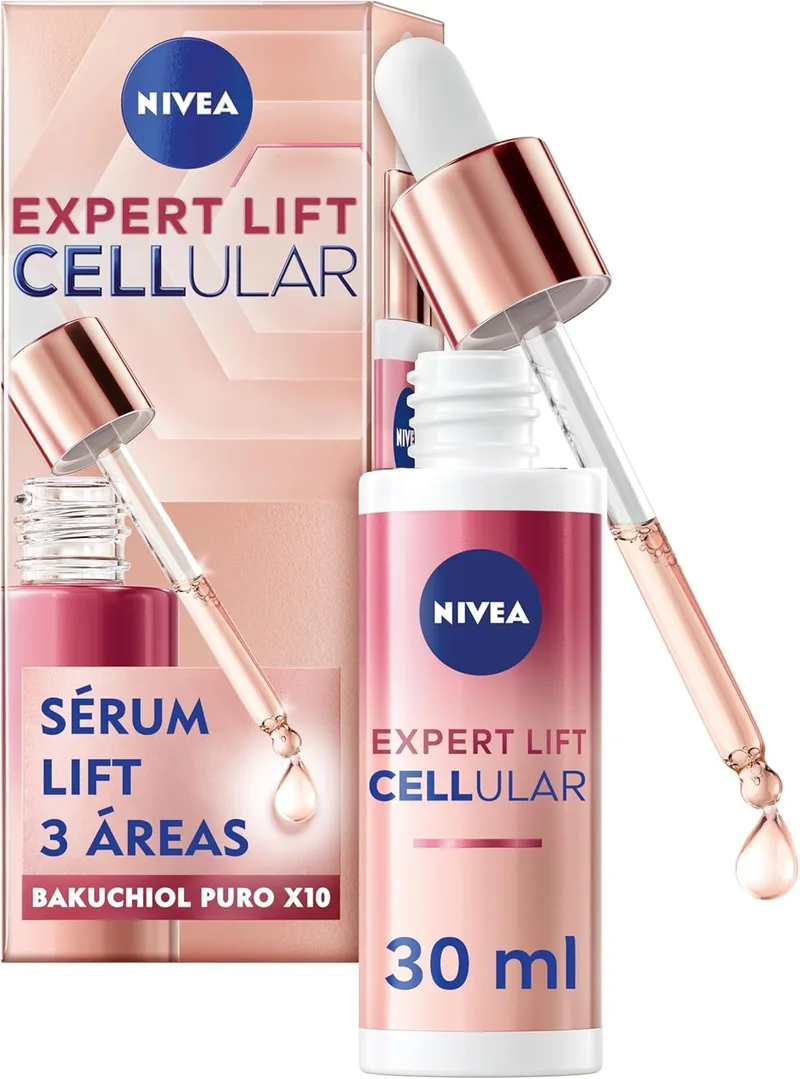 NIVEA ▫️ Cellular Expert Lift - Sérum Lift para 3 Áreas - Sérum Anti-Envelhecimento - x10 Bakuchiol Puro Altamente Concentrado - Anti-Rugas para Rosto, Pescoço, Decote - Firmeza - Todos os Tipos de Pele e Madura - 30 ml