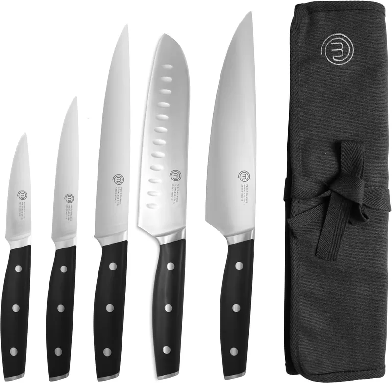 Chef Master ▫️ MasterChef Facas de Cozinha com Manta, Conjunto de Facas de Cozinha em Aço Inoxidável, Conjunto com Faca de Chef, Santoku, Faca para Legumes e muito mais, Multifuncional, 5 peças, Prateado, Alto Teor de Carbono