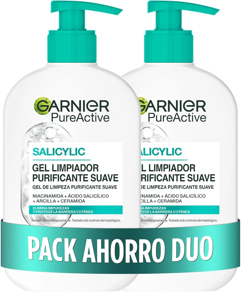 Garnier ▫️ Pure Active Pack x2 Gel de limpeza purificante com ácido hialurónico, ceramida e argila, elimina impurezas, oleosidade e maquilhagem, 2 x 250 ml