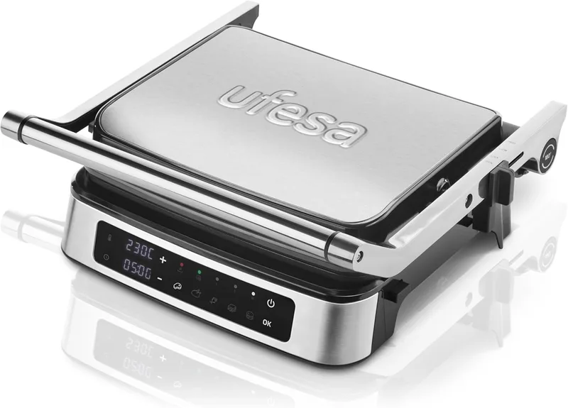 Ufesa ▫️ Grelhador Elétrico Digital Everest, Prensa de Panini, Grelhador de Contacto 2000W, 5 Programas Predefinidos, Ecrã Táctil, Abertura 180º, Temporizador, Temperatura até 230º, 29 x 23,2cm, Aço Inoxidável, Aço Inoxidável, 5 Programas Predefinidos, Abertura 180º, Temporizador, Temperatura até 23
