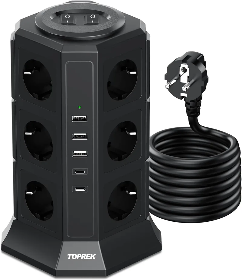 TOPREK ▫️ Extensão Vertical com 2 Interruptores, 12 Tomadas Schuko, 2 USB-C e 3 USB-A, 4000 W/16 A, Extensão em Torre com Cabo de 2 m, Extensão com Proteção contra Sobretensão, Preto