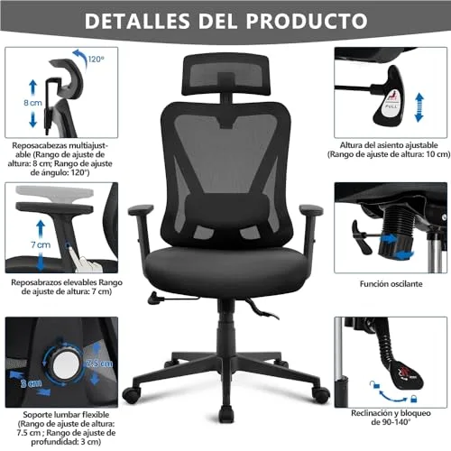 Yaheetech ▫️ Cadeira de escritório ergonómica com encosto bloqueável, preta 6