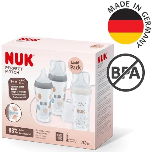 NUK ▫️ Conjunto de biberões Perfect Match | +3 meses | Adapta-se ao paladar | Controlo de temperatura | Ventilação anticólicos | 260 ml | Sem BPA | Tetina de silicone média | Arco-íris e Raminho | 3 unidades 6