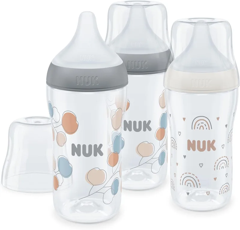 NUK ▫️ Conjunto de biberões Perfect Match | +3 meses | Adapta-se ao paladar | Controlo de temperatura | Ventilação anti-cólica | 260 ml | Sem BPA | Tetina média de silicone | Arco-íris e Galho | 3 peças