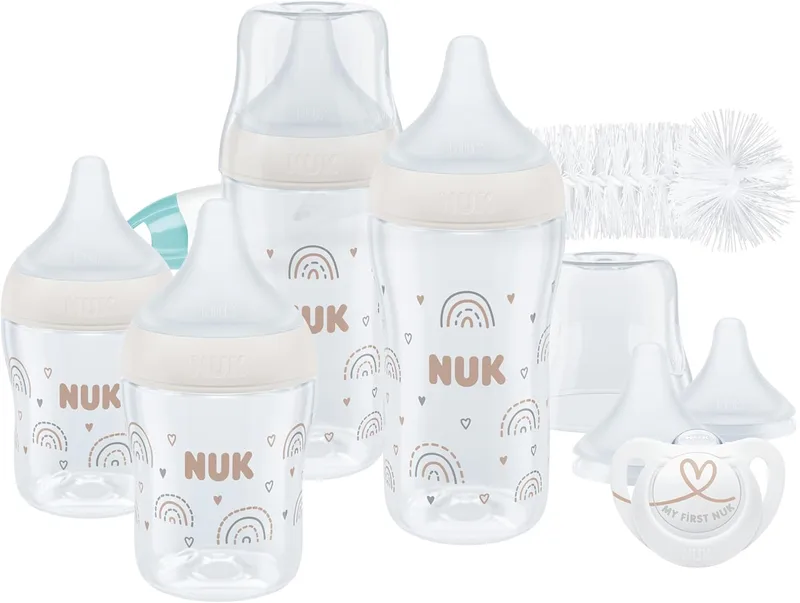 NUK ▫️ Conjunto de biberões Perfect Match Start para recém-nascidos | +0-6 meses | Adapta-se ao bebé tal como o peito da mãe | 4 biberões anticólicos, chupeta, escovinha e tetinas | Mickey Mouse da Disney | 9 unidades