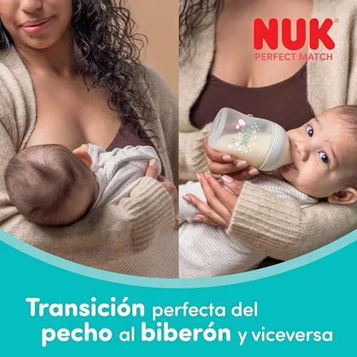 NUK ▫️ Conjunto de 4 biberões Perfect Match | +3 meses | Adapta-se ao bebé tal como o peito da mãe | Controlo de temperatura | Ventilação anticólicas | 150 e 260 ml | Tetinas de silicone | Arco-íris 4