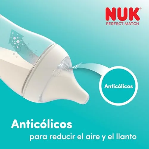 NUK ▫️ Conjunto de 4 biberões Perfect Match | +3 meses | Adapta-se ao bebé tal como o peito da mãe | Controlo de temperatura | Ventilação anticólicas | 150 e 260 ml | Tetinas de silicone | Arco-íris 6