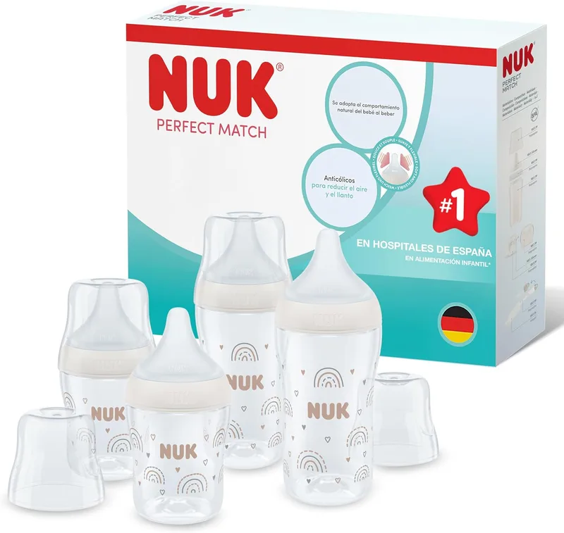 NUK ▫️ Conjunto de 4 biberões Perfect Match | +3 meses | Adapta-se ao bebé tal como o peito da mãe | Controlo de temperatura | Ventilação anticólicas | 150 e 260 ml | Tetinas de silicone | Arco-íris