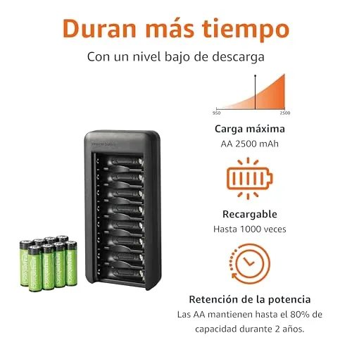 Amazon Basics ▫️ Conjunto de 8 pilhas recarregáveis NiMH AA de 2000 mAh com carregador de 8 compartimentos, sem adaptador CA, porta USB-C 2