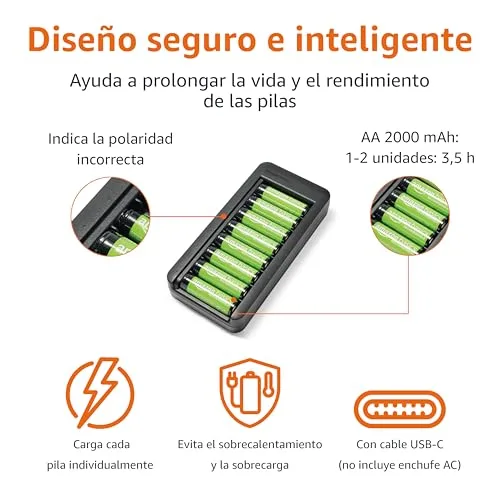 Amazon Basics ▫️ Conjunto de 8 pilhas recarregáveis NiMH AA de 2000 mAh com carregador de 8 compartimentos, sem adaptador CA, porta USB-C 3
