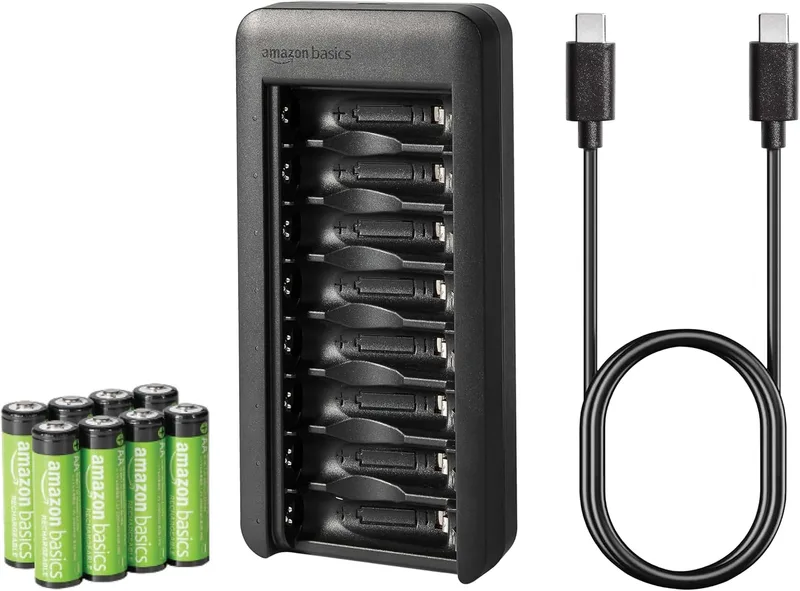 Amazon Basics ▫️ Conjunto de 8 pilhas recarregáveis NiMH AA de 2000 mAh com carregador de 8 compartimentos, sem adaptador CA, porta USB-C
