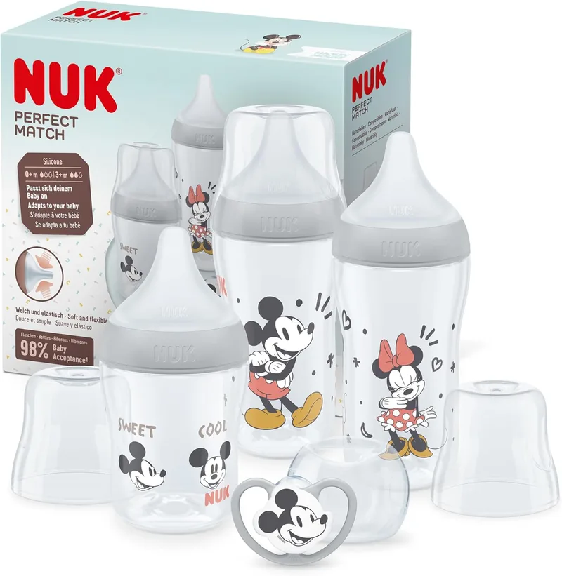 NUK ▫️ Conjunto de biberões Perfect Match : +0-6 meses : Adapta-se ao bebé como um peito : 3 biberões anti-cólicas e chupeta Space : Disney Mickey Mouse : 4 peças.