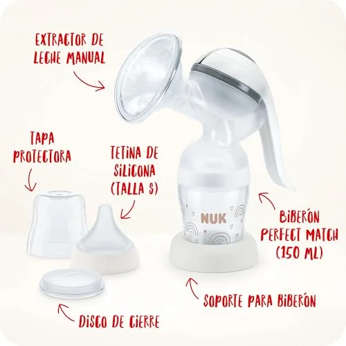 NUK ▫️ Extrator de leite manual | Almofada de silicone macia | Alavanca ergonómica | Com biberão Perfect Match | 150 ml 6