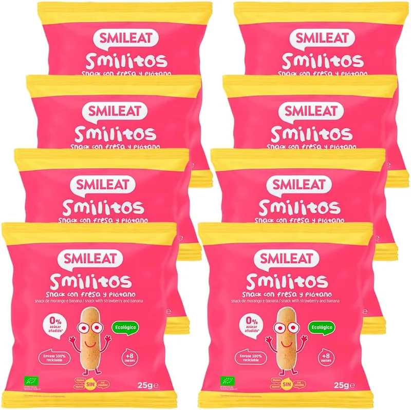 Smileat ▫️ Pack de 8 Smilitos Snack - Sabor Morango e Banana - Lanche divertido para crianças a partir dos 8 meses - 25g