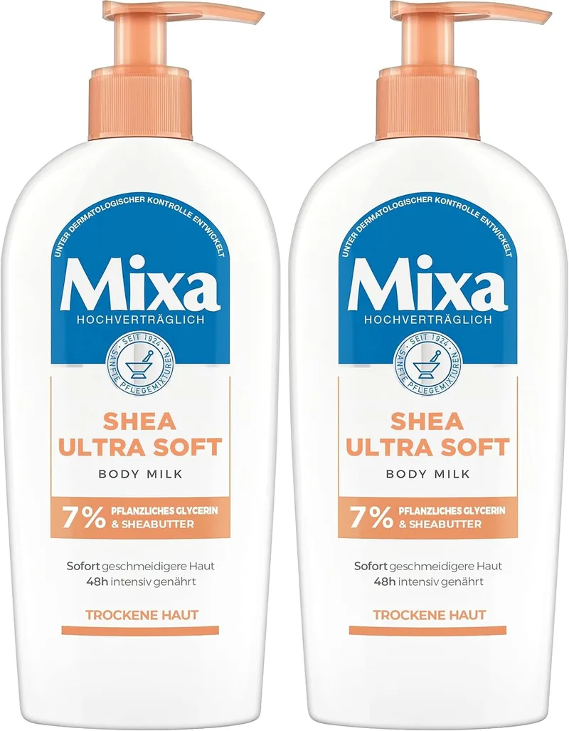 Mixa ▫️ Shea - Leite corporal ultra-suave, intensamente nutritivo, com manteiga de karité e glicerina vegetal, para peles secas e ásperas, 250 ml (Embalagem de 2)