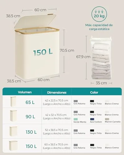 SONGMICS ▫️ Cesto para roupa suja com tampa, 150 L, dobrável, 60 x 38,5 x 70,5 cm 5