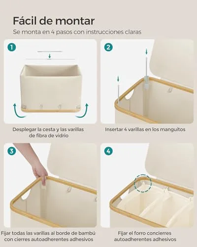 SONGMICS ▫️ Cesto para roupa suja com tampa, 150 L, dobrável, 60 x 38,5 x 70,5 cm 7