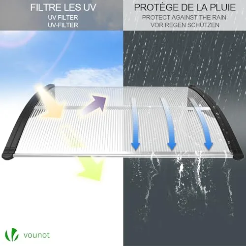 VOUNOT ▫️ ® Marquises exteriores para portas e janelas, 100 x 80 cm, cobertura de proteção com barra central, toldo com cobertura de policarbonato para jardim, preto 3