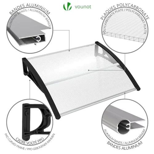 VOUNOT ▫️ ® Marquises exteriores para portas e janelas, 100 x 80 cm, cobertura de proteção com barra central, toldo com cobertura de policarbonato para jardim, preto 6