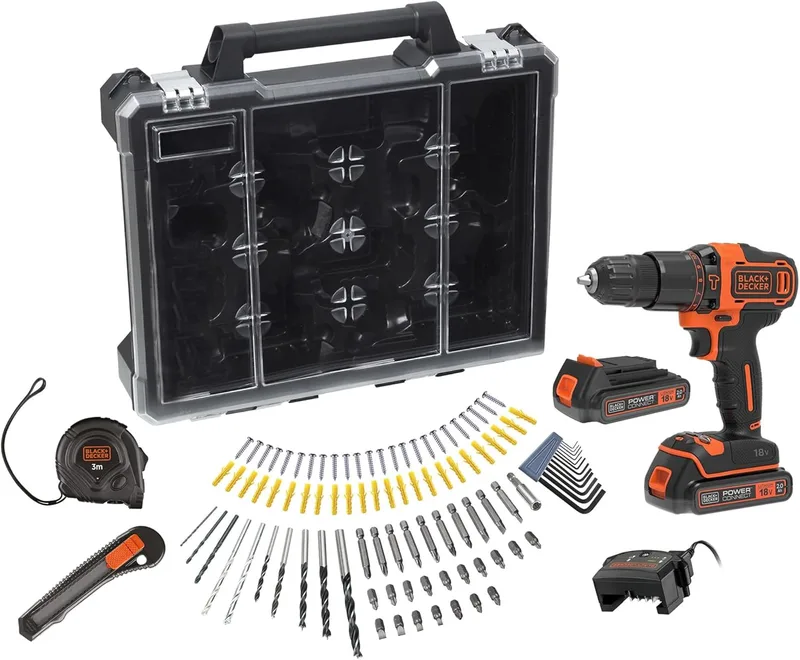 Black+Decker ▫️ Berbequim de percussão de 18 V com 2 baterias de 2,0 Ah, carregador de 400 mA e 100 acessórios numa caixa de arrumação, BDCHD18D2AB-QW