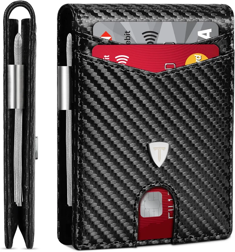 TEEHON ▫️ Carteira fina de fibra de carbono para homem com bloqueio RFID, estojo para cartões de homem, ranhuras para cartões de crédito, clip para dinheiro, carteira Bid-Fold (preta)